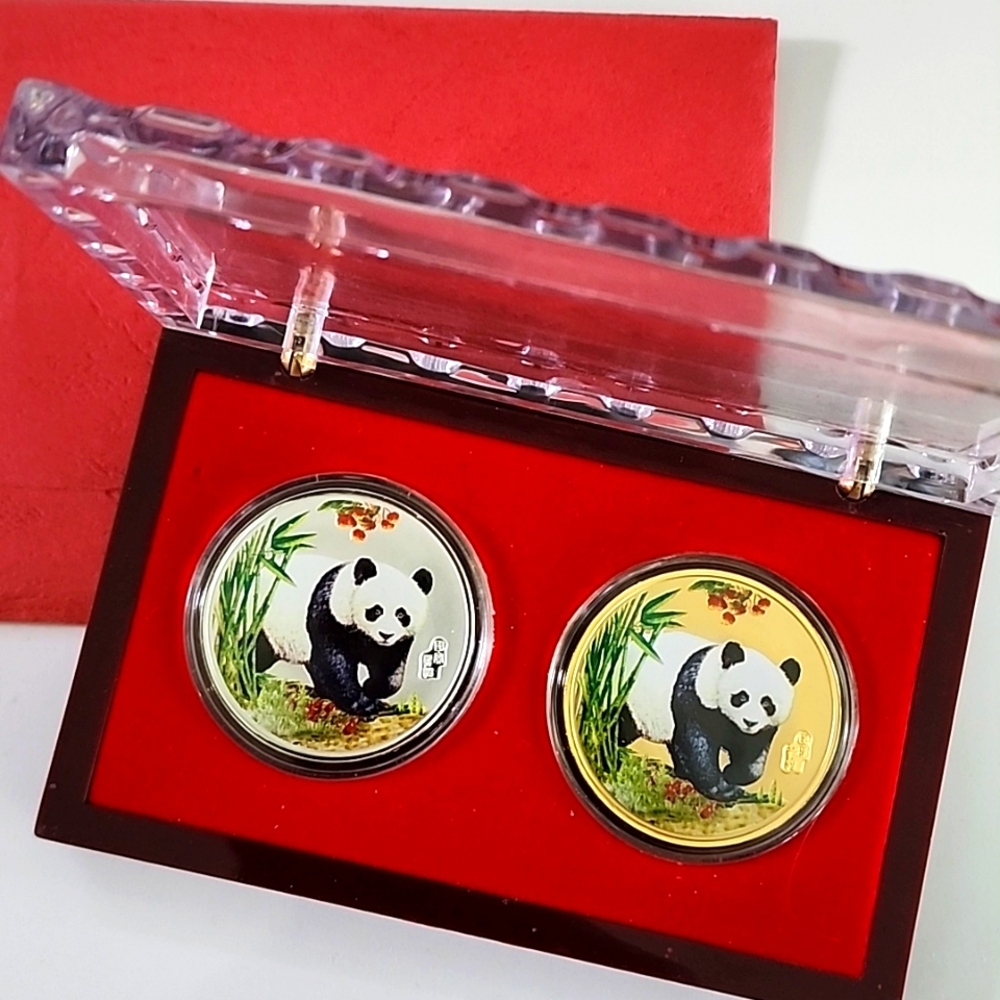MINT Panda China Money Stamp Co. Coins Silver and Gold Plated in Case #6440